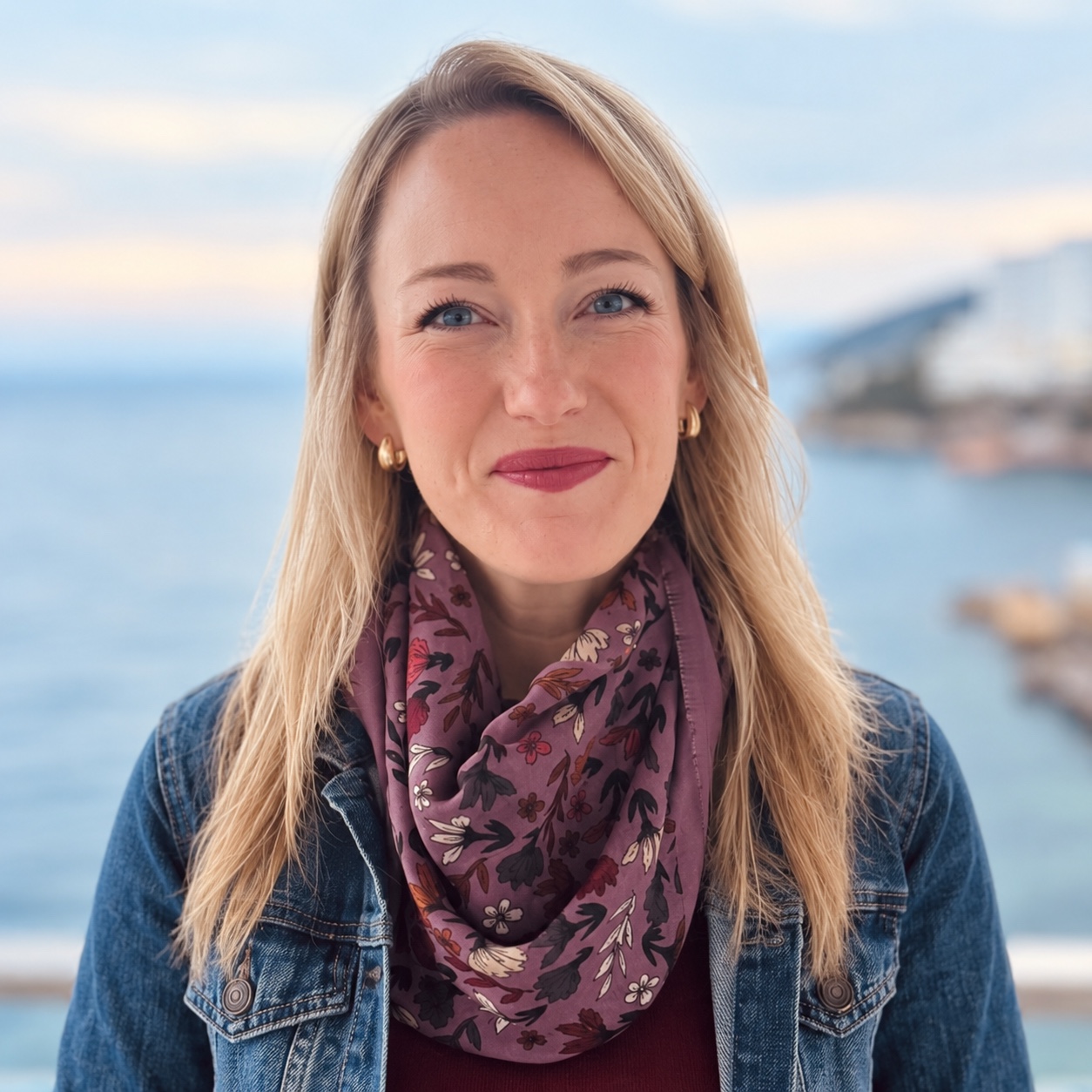 Delia Cornwell smiling in a denim jacket and floral scarf