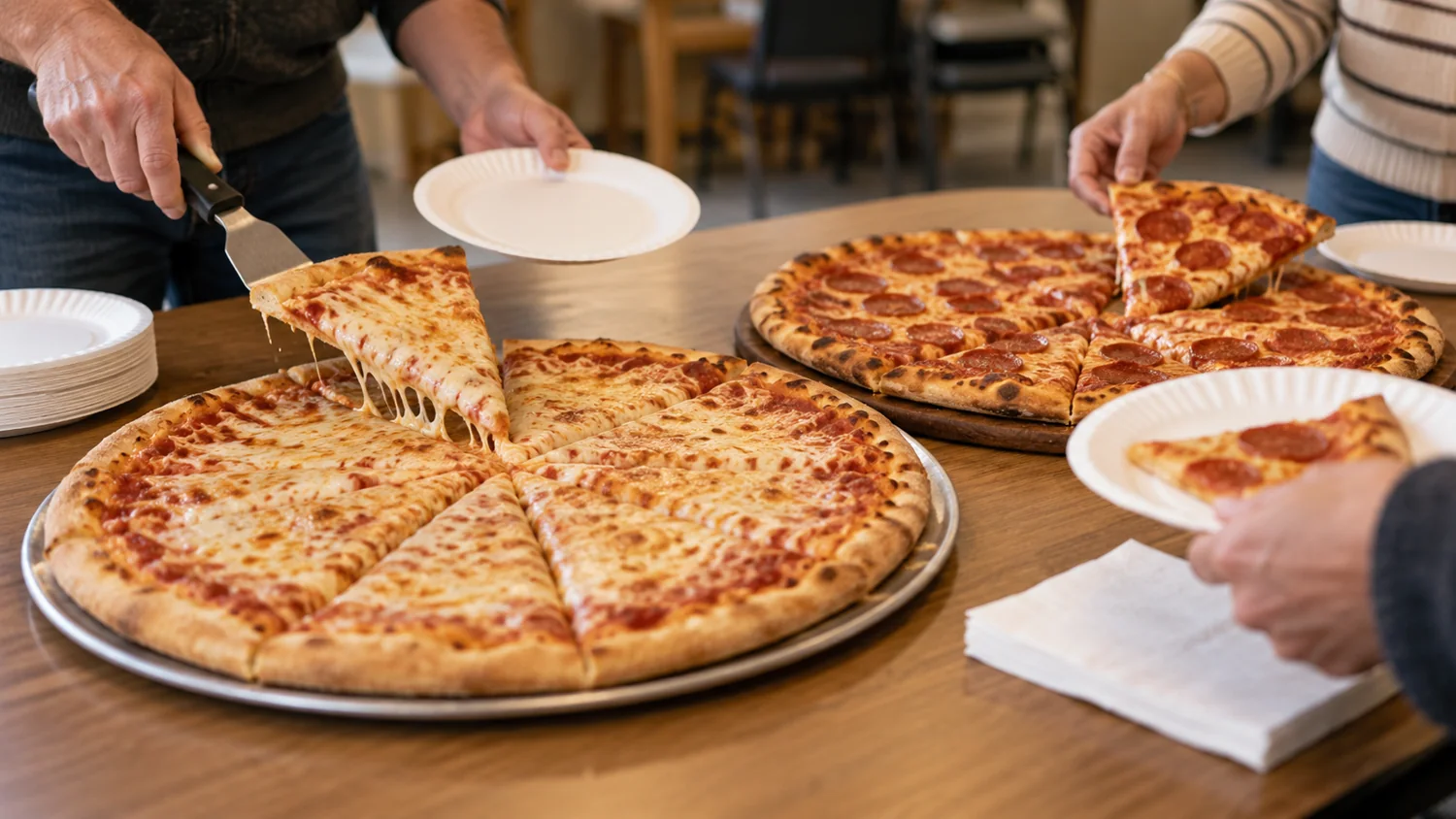 Cheese and pepperoni pizzas being served onto paper plates